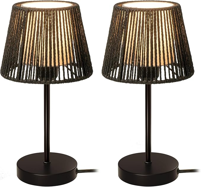 Touch Boho Lamp Dimmable, 3-Way Bedside Table Lamp 14.2", Rope Light for Bedroom Nightstand Farmhouse, Bulb Included, 2 Packs (Black) - Bloomnest
