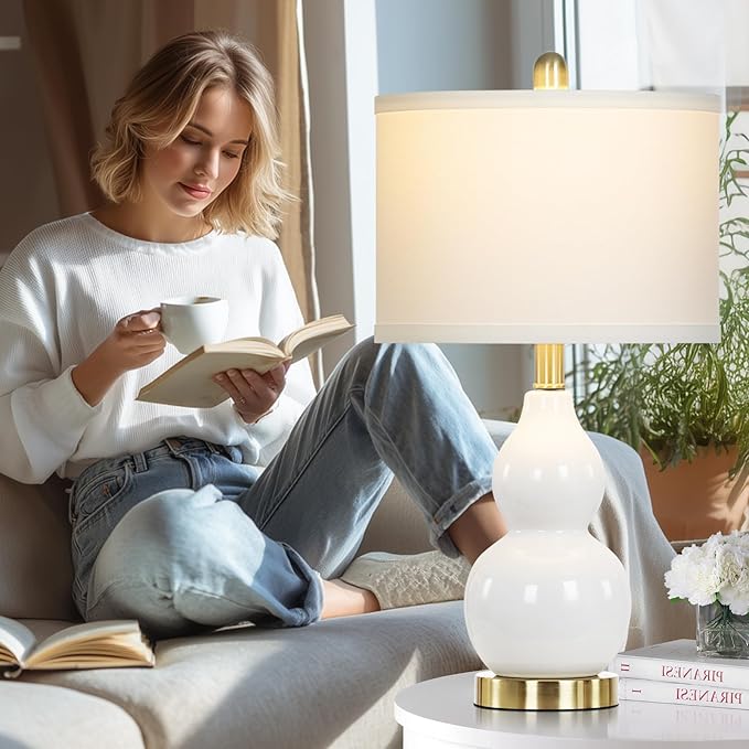 22" Modern Double Gourd Ceramic Table Lamps Set of 2, White Bedside Lamps for Living Room, Contemporary Nightstand Desk Lamps for Bedroom End Table Home Office Decor(2 LED Bulbs Included) - Bloomnest