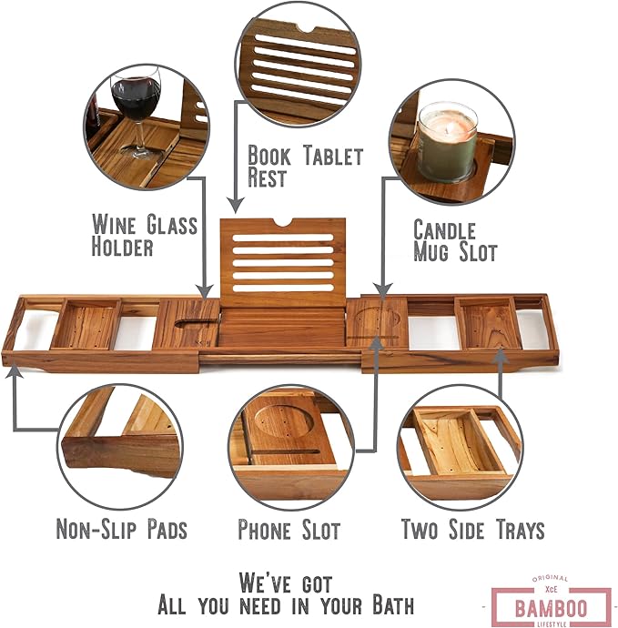 XcE Teak Bathtub Caddy Tray - Expandable to 41 Inches with Book Stand, Soap Holder & Anti-Slip Pads for Luxury Bath Spa, Teak - Bloomnest