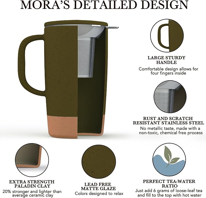 Mora Ceramics Large Tea Mug with Loose Leaf Infuser and Ceramic Lid, 18 oz, Portable, Microwave and Dishwasher Safe, Tall Coffee Cup - Rustic Matte Ceramic Glaze, Modern Herbal Tea Strainer, Olive - Bloomnest