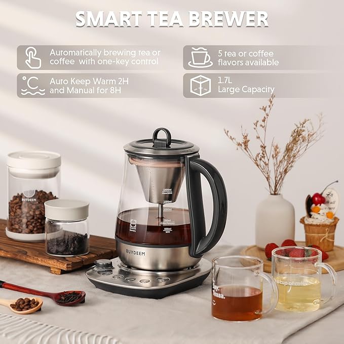 BUYDEEM K176 Tea Maker, Multifunctional Stainless Steel Electric Kettle for Tea and Coffee Brewing, Auto Keep Warm, 5 Flavor Controls, 1.5L - Bloomnest