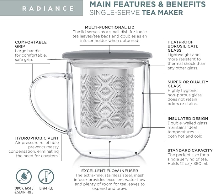 Teabloom Tea-For-One Steeping Mug – Insulated Double Wall Glass Mug (12 oz), Stainless Steel Infuser, Porcelain Lid/Coaster – Great For Brewing Loose Leaf Tea - Bloomnest