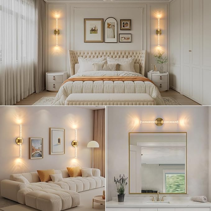 Battery Operated Wall Sconces Set of Two, Gold 20'' Rechargeable Crystal Bubble Wall Sconce with Remote Control, 3000K-6000K Dimmable LED Wireless Wall Lights for Living Room Bedroom Bathroom Hallway - Bloomnest