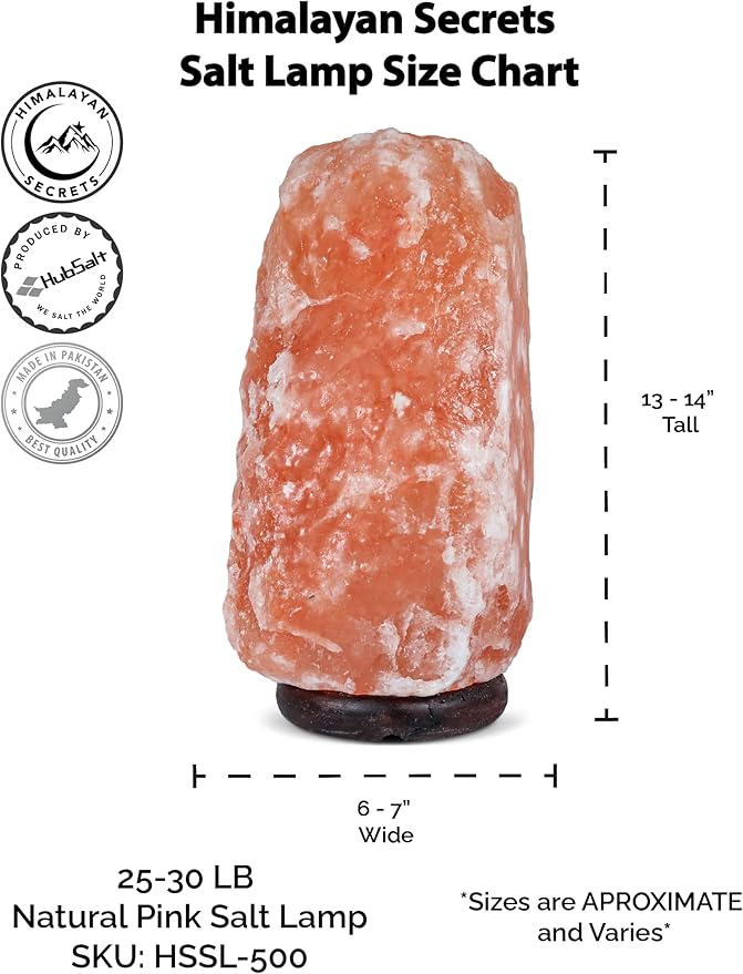 Himalayan Secrets Large Salt Lamp - Natural Pink Crystal with Wooden Base - Dimmer Cord and Bulb Included (25-30 LBS)