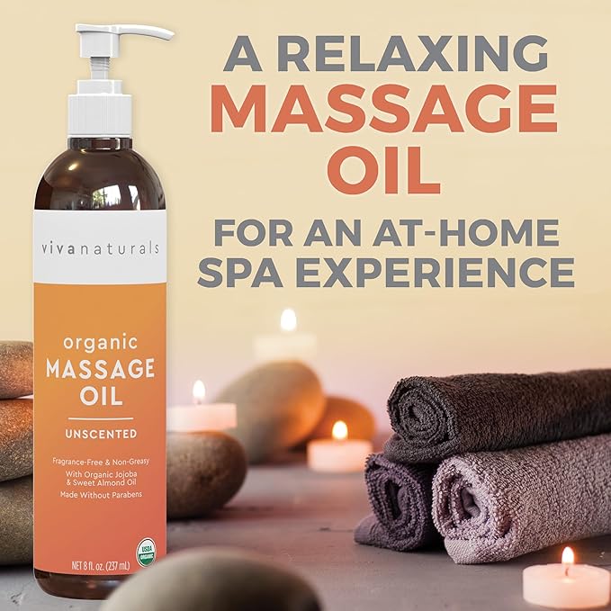 Viva Naturals Organic Massage Oil Unscented (8 fl. oz.) - Non-Greasy Body Oil with Mess-Free Pump, Moisturizing Massage Oils for Massage Therapy, Non-GMO and Certified Organic, 237 mL - Bloomnest