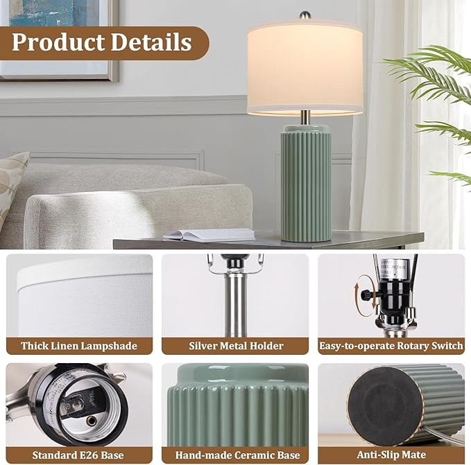 TOBUSA 23.5’’ Modern Green Ceramic Table Lamps Set of 2 for Living Room, Farmhouse Ceramic Bedside Nightstand Lamps for Bedroom, Vintage Decorative Boho Lamps for Home End Table Dorm Office - Bloomnest