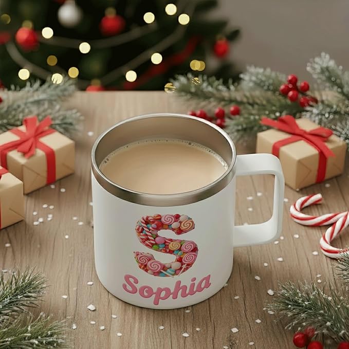 Personalized Kids Mug with Name, 12oz Insulated Tumbler with Handle, Custom Candy Initial Cup, Cute Birthday Christmas Gift for Girls, Boys, Her, Stocking Stuffer (B03) - Bloomnest