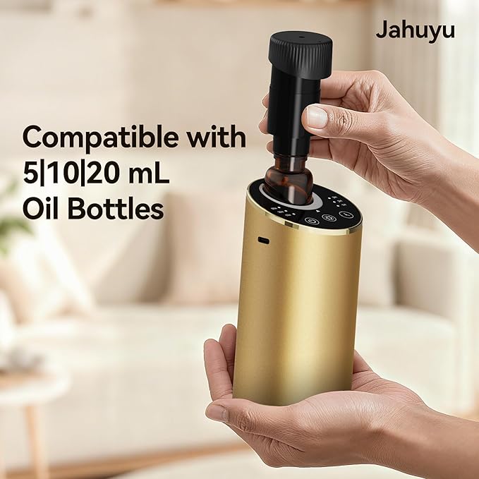 Waterless Essential Oil Diffuser Scent Aromatherapy Diffusers for Home Large Room, Car, Office, Portable Battery Operated Cordless Air Freshener, 4 Timers & 3 Mist Levels, 100ml Capacity (Golden) - Bloomnest