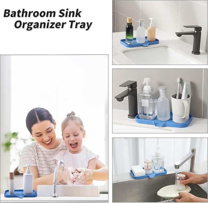 Silicone Bathroom Soap Dishes with Drain Spout Bathroom and Kitchen Sink Organizer,Sponge Holder,Dish Soap Tray,Perfect for Dispenser,Scrubber,Bottle,Cup on Counter Lichen Blue 9.6"×5.3" - Bloomnest