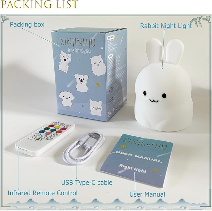 Bunny Night Light for Kids Room, Light for Children's Bedroom, 9 Colors Changing Bedside Table lamp Decorative Light, Eye Caring, Adjustable Brightness & Color, Time Setting - Medium - Bloomnest