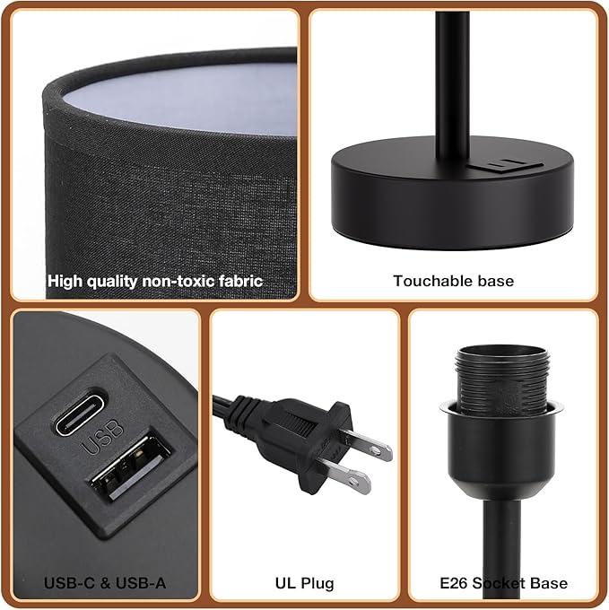 Dicoool Black Touch Bedroom Lamp with USB - 3 Way Dimmable Table Lamp for Bedroom, Nightstand Lamp with Black Charging Station for Desk Dorm, Office, Boy Kids Room, Small - Bloomnest