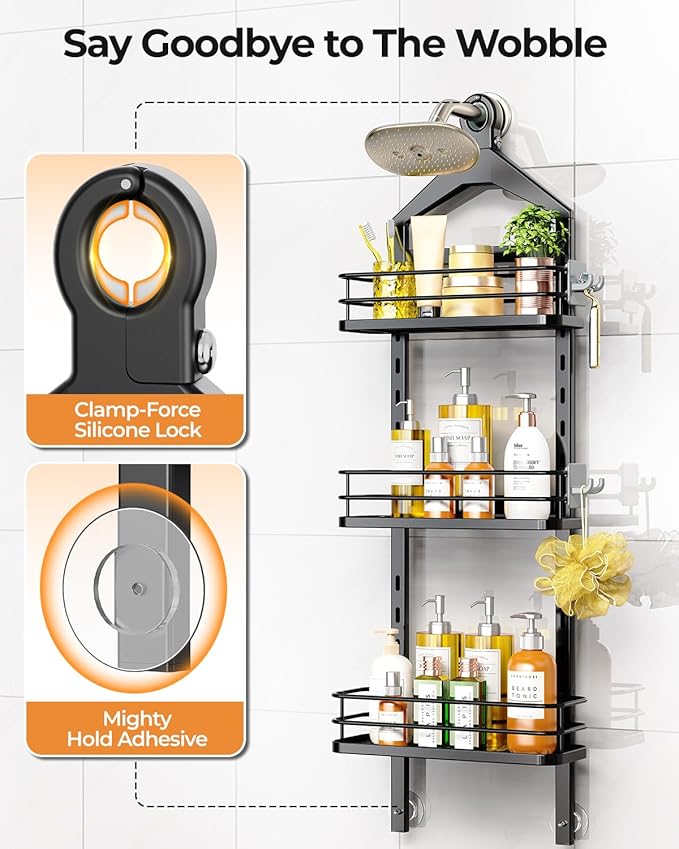 ODesign 3 Tier Height-Adjustable Shower Caddy Hanging Hanger Anti-Swing-Over The Shower Head Caddy-Shower Storage Organizer Bathroom Shelves Basket Shower Caddies-Black,11.9" x 4.84" x 36.2" - Bloomnest