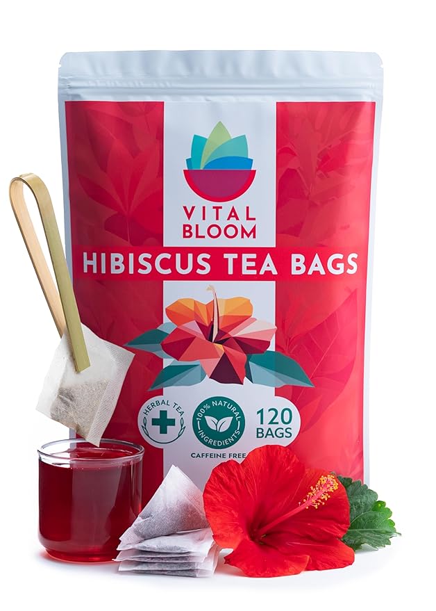 Vital Bloom Hibiscus Tea, 120 Tea Bags, 100% Natural Hibiscus Flowers, Caffein Free, Hot or Cold Brew Herbal Tea, Bleach Free Tea Bags, Non GMO (Free Bamboo Tongs included) - Bloomnest