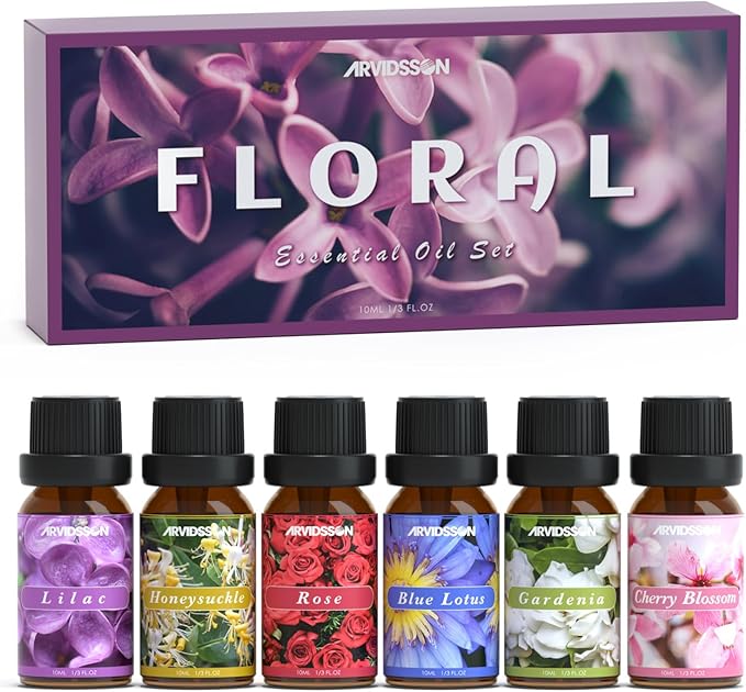 ARVIDSSON Floral Essential Oils Set, Natural Flower Essential Oil Gift for Women - Rose, Gardenia, Cherry Blossom, Honeysuckle, Lilac, Blue Lotus, Scented Oil for Diffuser, Valentines Day Gift for Her - Bloomnest