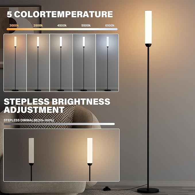 Ambimall LED Floor Lamp with Remote Control, 65" Standing Lamp with Stepless Adjustable 3000K-6500K Colors & 5%-100% Brightness, Foot Switch(Black) - Bloomnest