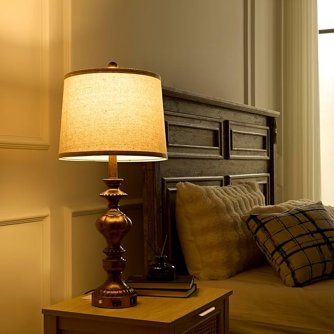 27.5" Farmhouse Table Lamps Set of 2 Bedside Nightstand Lamp with USB C+A Ports & AC Outlet, 3 Way Dimmable Touch Lamps for Bedroom Living Room Office Hallway Rustic Traditional Lamp (Copper) - Bloomnest