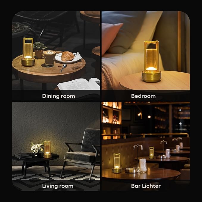Portable Metal Table Lamp for Indoor/Outdoor ,Rechargeable Cordless LED Lamp, 3-Colour Infinitely Dimming Battery Powered Small Desk Lamp, Restaurant/Bedroom/Bar/Coffee/Camping Light (Gold Set of 2) - Bloomnest