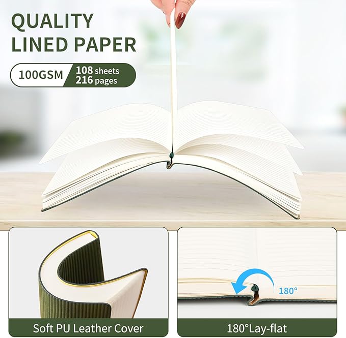 TSFPapier A5 Lined Notebook with Pen & Gift Box 216 Pages PU Leather Journal for Women Men 100GSM Thick Paper College Ruled Notebook for Christmas Gifts, School,Travel,Business,Work,Home Writing (Dark Green) - Bloomnest