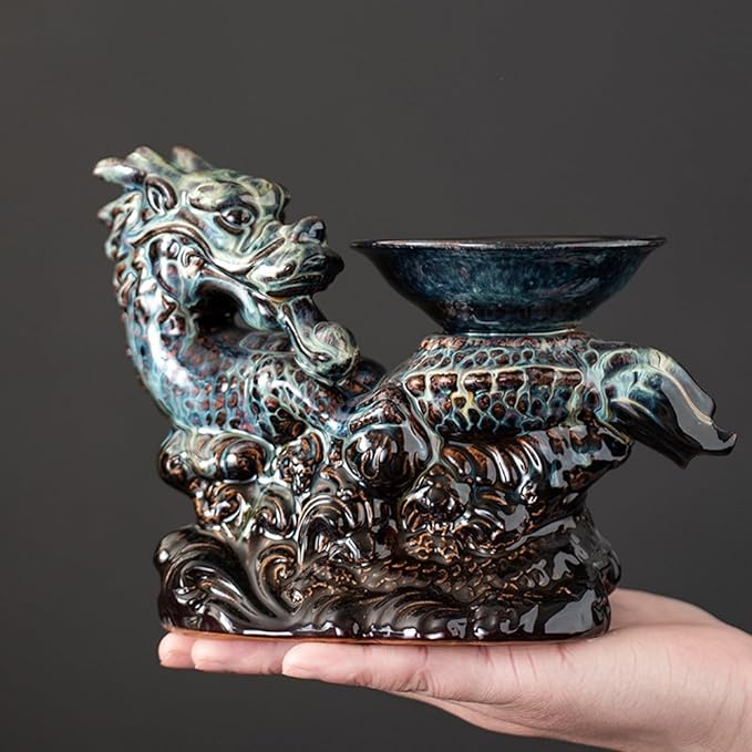 Chinese Gongfu Tea Set Ceramic Teapot with Infuser, 8 Cups, Semi Automatic Dragon Design for Loose Leaf Tea