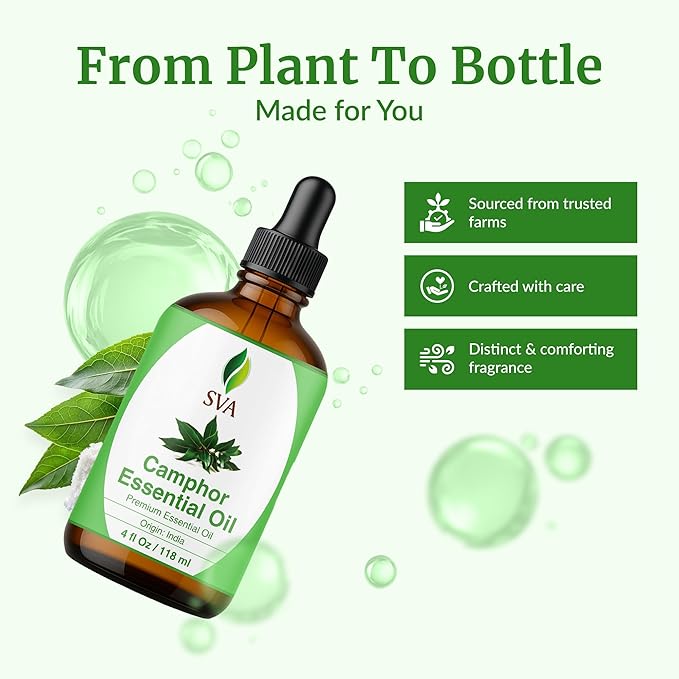 SVA Camphor Essential Oil – 4 Fl Oz – 100% Natural Camphor Oil - for Diffuser, Hair Care, Face, Skin Care, Aromatherapy, Scalp and Body Massage, Soap and Candle Making – with Dropper - Bloomnest