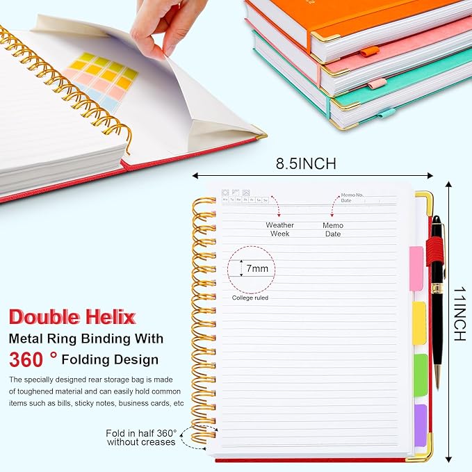 Hardcover Spiral Notebook 8.5"x11" Journal Notebook with Tabs and Removable Dividers 300 Pages 5 Subject Notebook College Ruled, Faux Leather Spiral Bound Notebook for Women School Work(Red) - Bloomnest