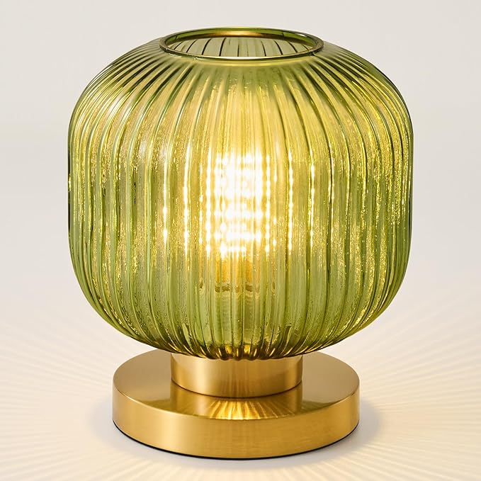 Small Green Glass Table Lamp: Mid Century Modern Dimmable Nightstand Lamps - Vintage Decor Brass Desk Lamp with Plug - Ribbed Glass Bedside Tables Lamps for Bedroom Living Room Office Bulb Excluded - Bloomnest