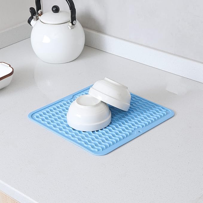 Silicone Dish Drying Mat for Multiple Usage,Easy clean,Eco-friendly,Heat-resistant Silicone Mat for Kitchen Counter or Sink,Refrigerator or Drawer liner Light Blue M 12 inches x 12 inches - Bloomnest