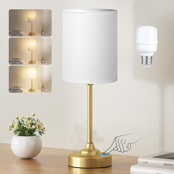Fenmzee Gold Nightstand Bedroom Lamp - 3 Way Dimmable Bedside Lamp, Small Table Lamp Linen Lampshade for Office Desk, LED Bulb Included - Bloomnest