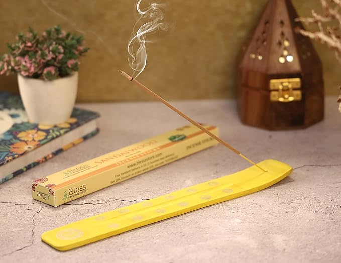 Bless-International Traditional-Handmade-Burner Wooden-Incense-Stick-Holder Ash-Catcher-Stand for-Aromatherapy-Meditation-Yoga (Positivity Yellow) 10 Inches, Pack of 2 - Bloomnest