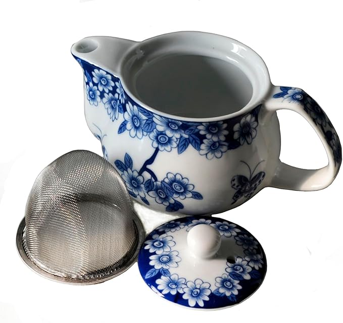 Small Porcelain Teapot, 9oz Tea Pot with Stainless Steel Infuser Classical Chinese Penoy Flower (Love of Butterfly)