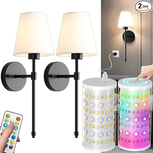 Wireless Wall Sconces Set of Two Battery Operated, Rechargeable Wall Lamp with 10000 mAh Dimmable Bulb & Remote, 10 Colors Wall Lights for Bedroom Living Room Hallway Wall Decor - Bloomnest