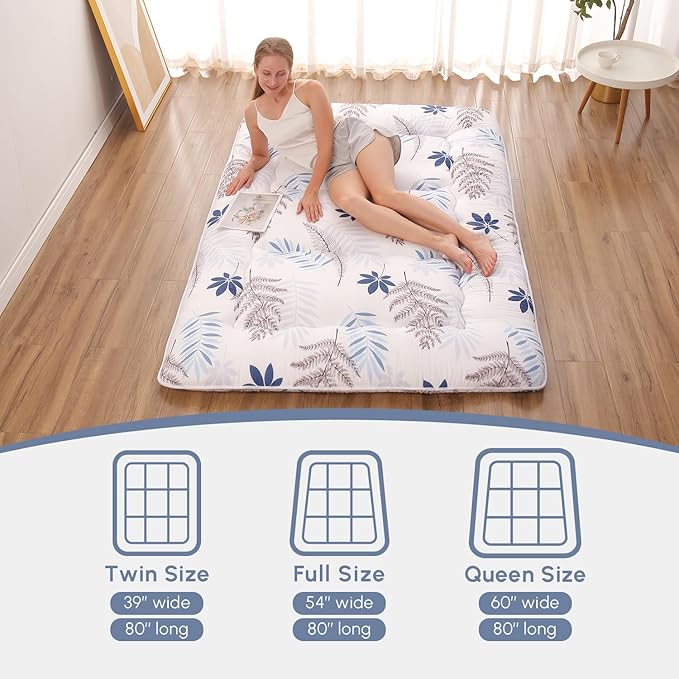Japanese Floor Mattress, Futon Mattress with Portable Storage Bag and Washable Cover, Roll Up Thick Tatami Mat Suitable for Camping, Guest Room, White Leaf, Full - Bloomnest
