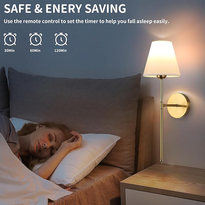 Battery Operated Wall Sconce Set of 2, 15 Colors Wireless Wall Light With Dimmable Remote Control Last 18-50 Hours, Gold Rechargeable Wall Lamp With White Fabric Shade For Living Room Bedroom Hallway - Bloomnest
