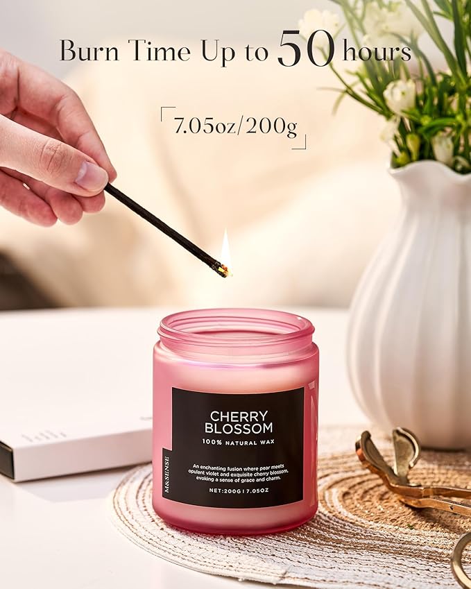 M&SENSE Cherry Blossom Scented Spring Candle, Best Smelling Stress Relief Aromatherapy Candle, 50 Hours 7.05oz Natural Soy Wax Romantic Candle Gifts for Women & Home Decor - Bloomnest