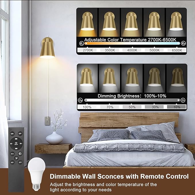 Plug in Wall Sconces with Remote Control, Adjustable Color Temperature 2700K-6000K and Dimmable Wall Sconces Gold Wall Lights with Plug in Cord for Bedroom Bedside Stairway(2 Pack, 2 Bulbs) - Bloomnest