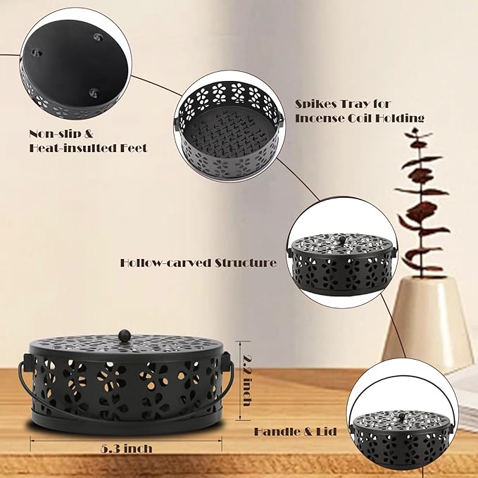 Mosquito Coil Holder Indoor Outdoor Portable Incense Coil Burner for Patio Camping (Black) - Bloomnest