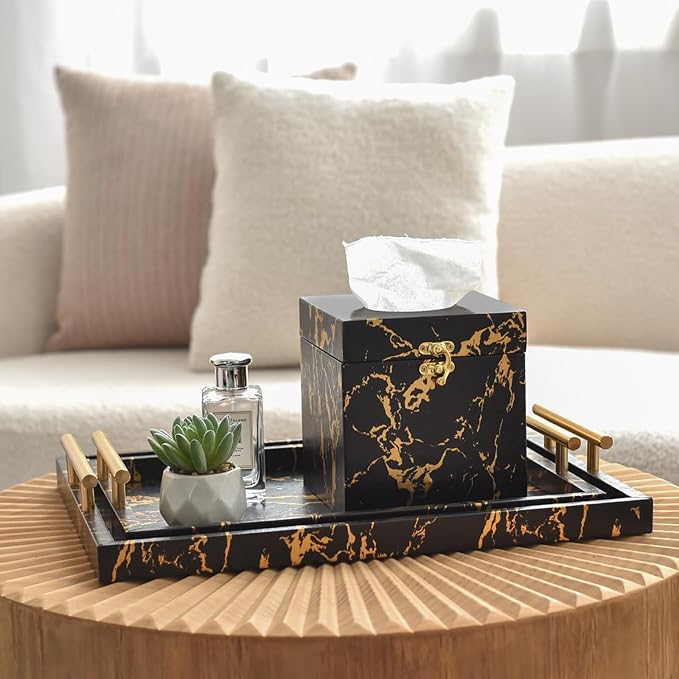 Modern Decorative Tray Set of 2 - Black and Gold Marble Wood Serving Tray with Gold Polished Metal Handles for Ottoman, Coffee Table, and More - Bloomnest