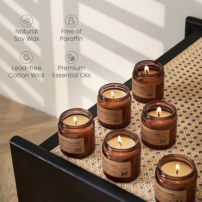M&SENSE 6 Pack Candles Gift for Home Scented Aromatherapy Candle Set for Women Soy Wax Long Lasting Amber Jar Candles Gift for Birthday Housewarming Mother's Valentine Day - Bloomnest