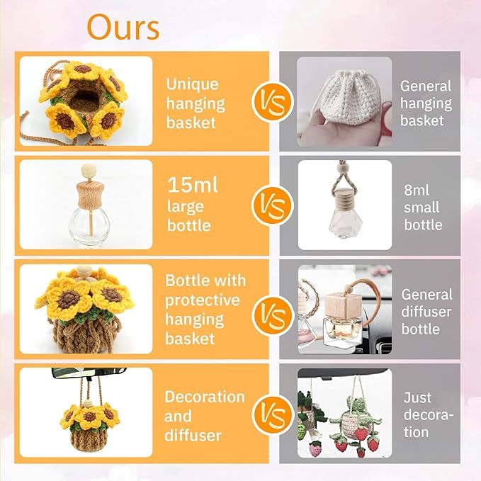 Crochet Car Air Freshener, 15ml Empty Refillable Oil Diffuser Bottle with Hanging Crochet Sunflower for Car Rearview Mirror Decor Air Freshener Diffuser for Home, and Office Decor(Sunflower) - Bloomnest