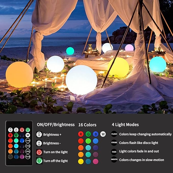 10-Inch LED Ball Light, Rechargeable Dimmable LED Glowing Orb Light w/Remote, 16 RGB Color Changing Globe Floor Lamp, Indoor/Outdoor Waterproof Mood Lamp for Home Lawn Party Pool Decor - Bloomnest