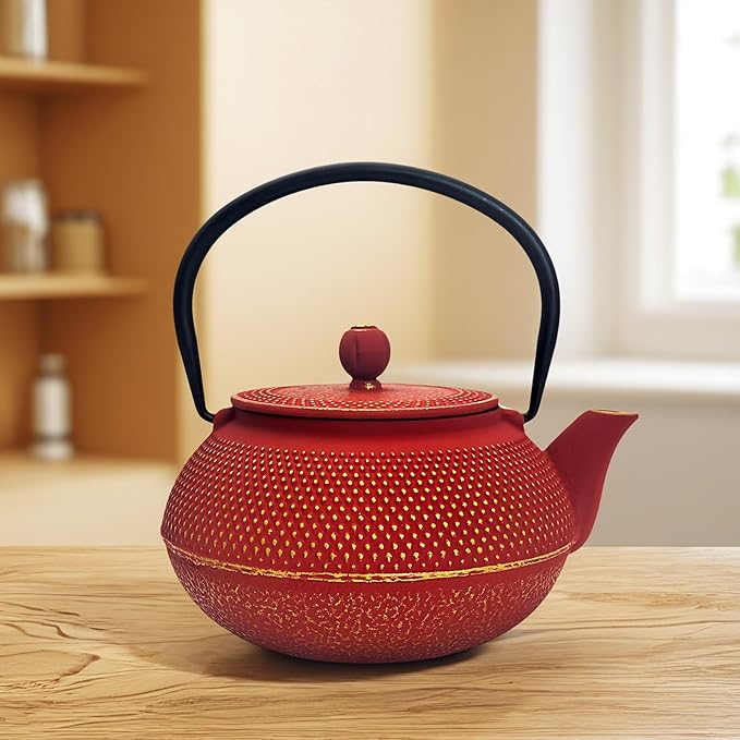 30.4oz Small Cast Iron Teapot, Tea Kettle for Stovetop Safe Coated with Enameled Interior, Red Japanese Tetsubin, Tea Pot with Stainless Steel Infuser for Loose Tea(900ml) - Bloomnest