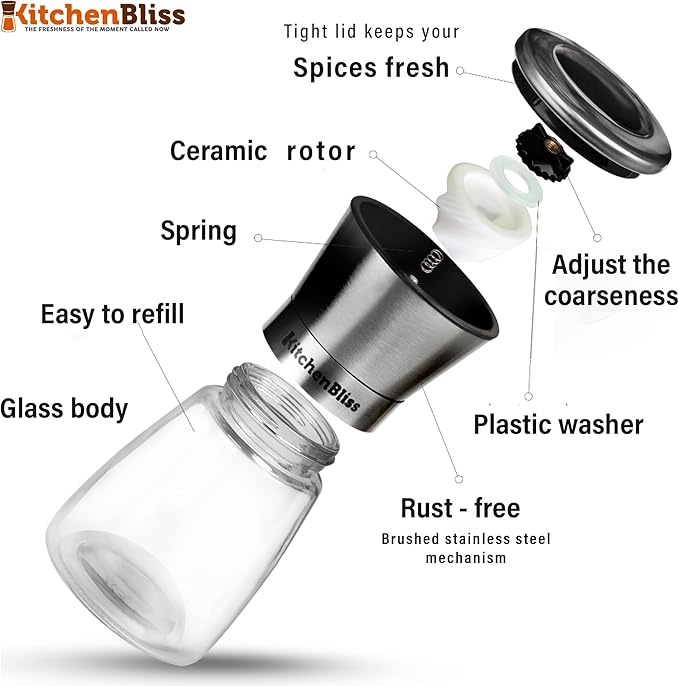 Professional Salt and Pepper Grinder – Premium Stainless Steel Salt and Pepper Shaker with Ceramic Spice Grinder Mill for Adjustable Coarseness - Bloomnest