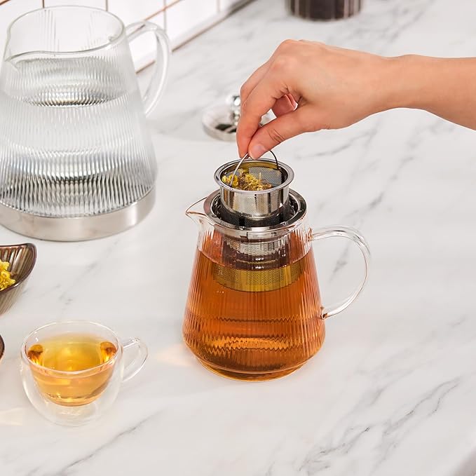 Karaca Keops XL Borosilicate Glass Teapot with Infuser and Lid for Stovetop, Transparent Silver, 1L Tea Pot & 2L Tea Kettle Set for Loose Leaf & Herbal, Dishwasher Safe - Bloomnest