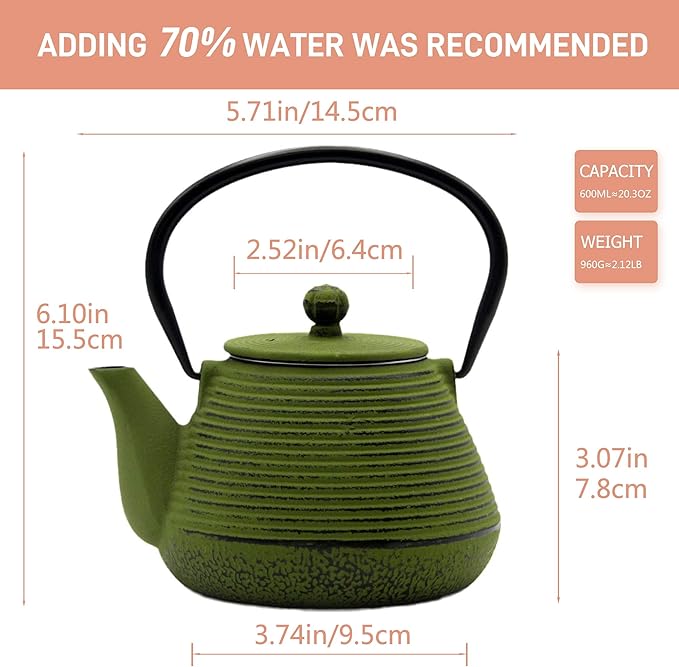 20.3oz Small Cast Iron Teapot, SECHUDO Cast Iron Tea Kettle for Stovetop Safe Coated with Enameled Interior, Iron Tea Pot with Stainless Steel Infuser for Loose Tea (Green Pinstripe Pattern) - Bloomnest
