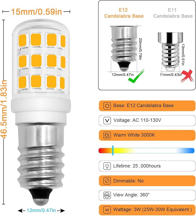 E12 LED Bulb 3W Small 25W 30W Equivalent Chandelier Light, Dimmable Warm White 3000K 120V Edison Screw C7 Decorative Night Lights Mini Fridge Salt Lamp, 6-Pack - Bloomnest
