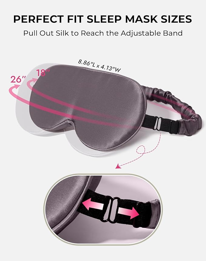 SilkSilky 100% 22 Momme Mulberry Silk Sleep Mask – Upgraded 3D Contoured Eye Mask with Nose Wing Pads & Adjustable Strap, Luxury Blackout Eye Cover for Women & Men (Dark Gray) - Bloomnest