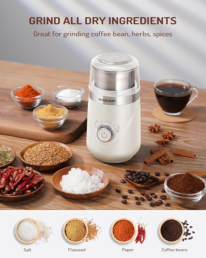 SHARDOR Electric Super Silent Blade Coffee Grinder, Timed Grind Control Rotary Knob, Adjustable Coarse to Fine for Coffee Beans, Spices & Herbs, with 1 Removable Stainless Steel Bowl, Cream - Bloomnest