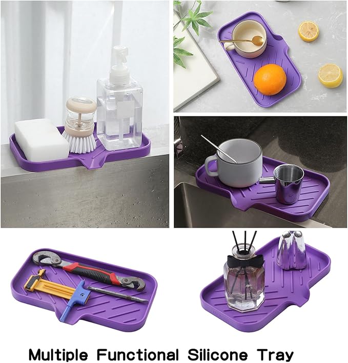 Silicone Bathroom Soap Dishes with Drain Spout-Bathroom and Kitchen Sink Organizer,Sponge Holder,Dish Soap Tray,Perfect for Dispenser,Scrubber,Bottle,Cup on Sink or Counter-Purple 9.6"×5.3" - Bloomnest