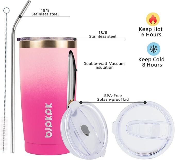 BJPKPK 20oz Stainless Steel Tumbler with Lid And Straw, Double Wall Vacuum Coffee Cup, Travel Mug for Ice Drink and Hot Beverage, Insulation Travel Tumblers Cups,Cherry Blossom - Bloomnest