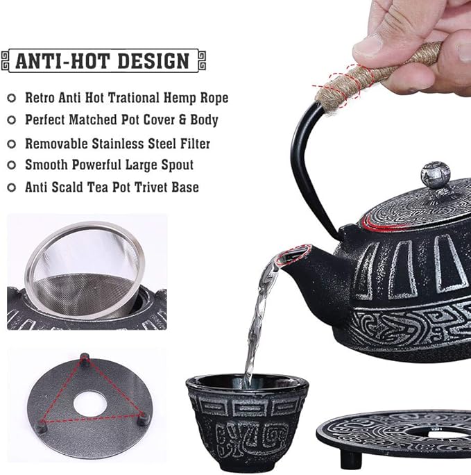 Cast Iron Teapot Set Japanese Style Tea Kettle with Infuser, Enameled Interior Cast Iron Tea Pot with 4 Teacup for Stove Top, Handmade Gift for Friend (28 Ounce, Black) - Bloomnest